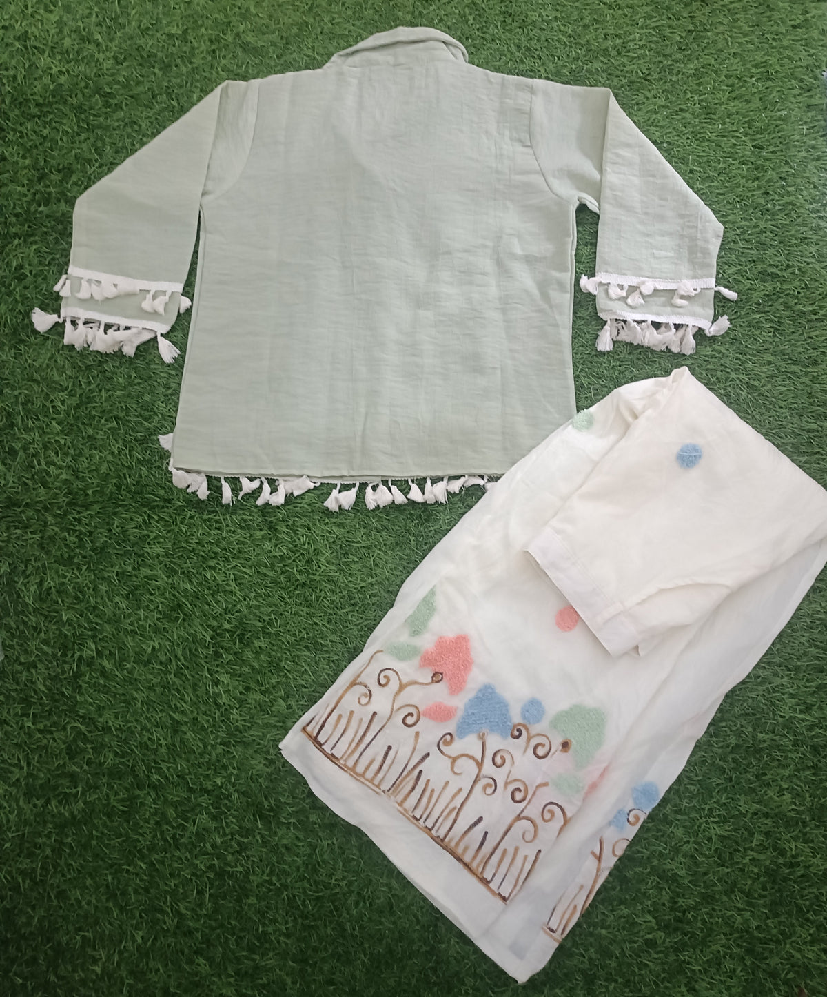 Girls Sage Green Tassel Shirt with Embroidered White Wide-Leg Pants