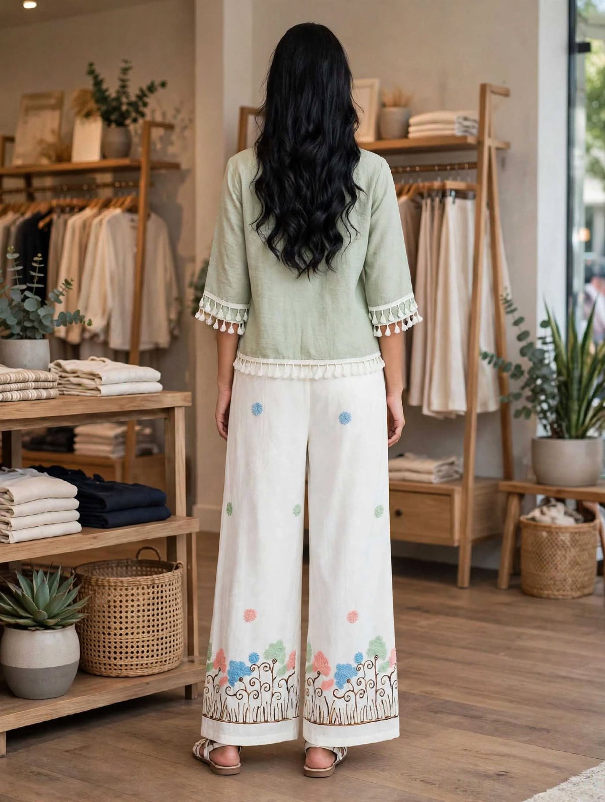 Girls Sage Green Tassel Shirt with Embroidered White Wide-Leg Pants