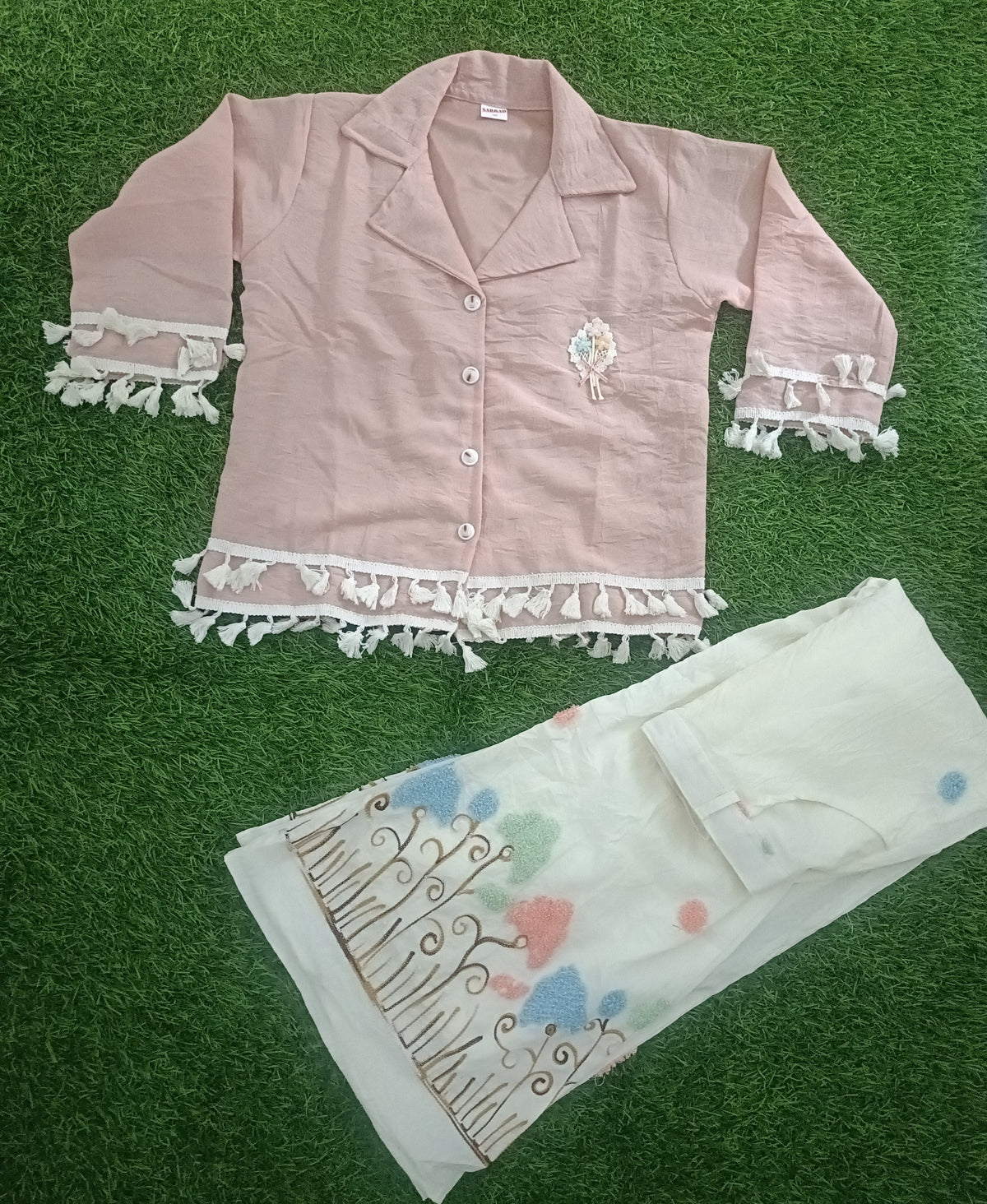 Girls Dusty Pink Tassel Shirt with Embroidered White Wide-Leg Pants