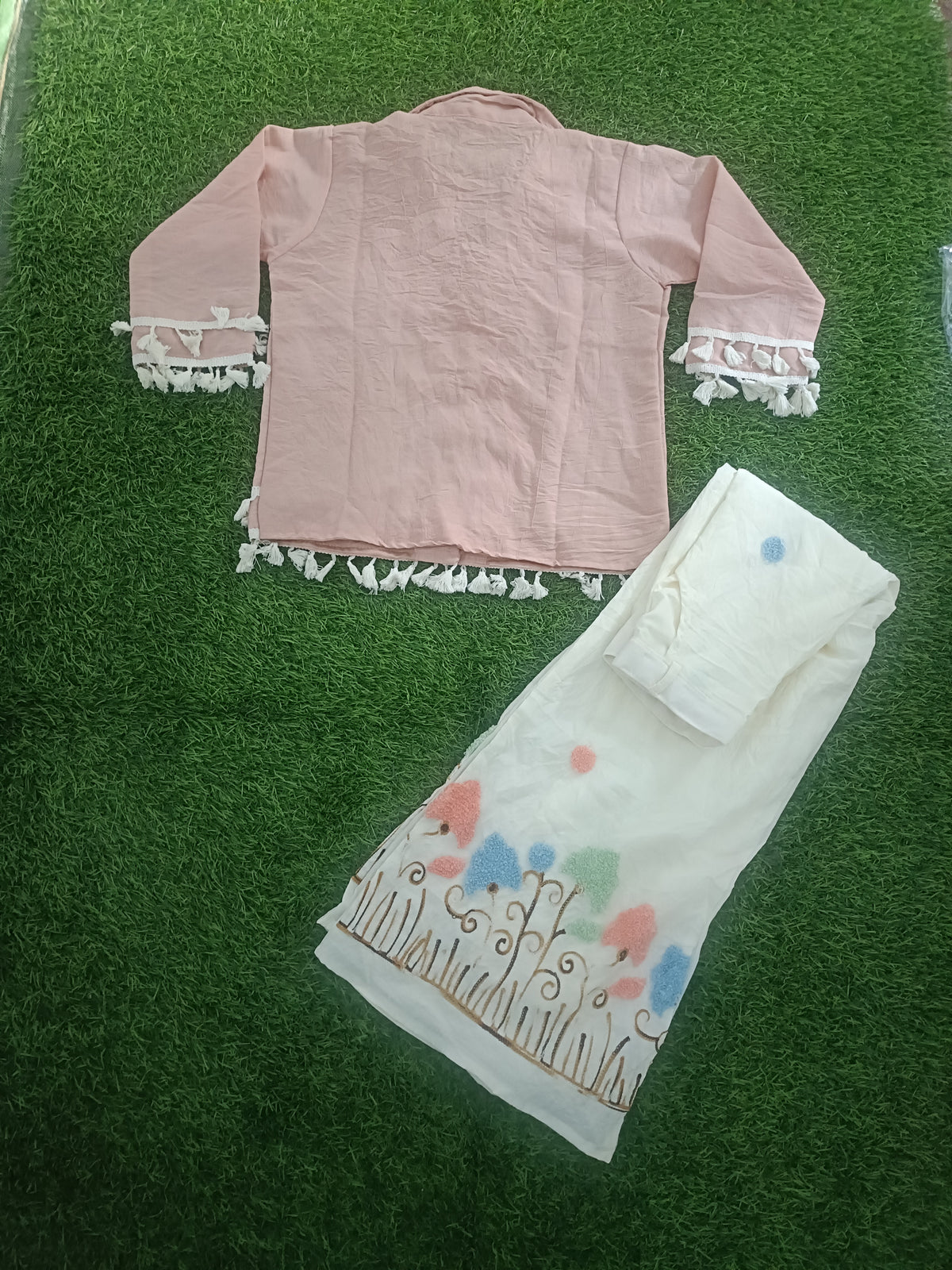 Girls Dusty Pink Tassel Shirt with Embroidered White Wide-Leg Pants
