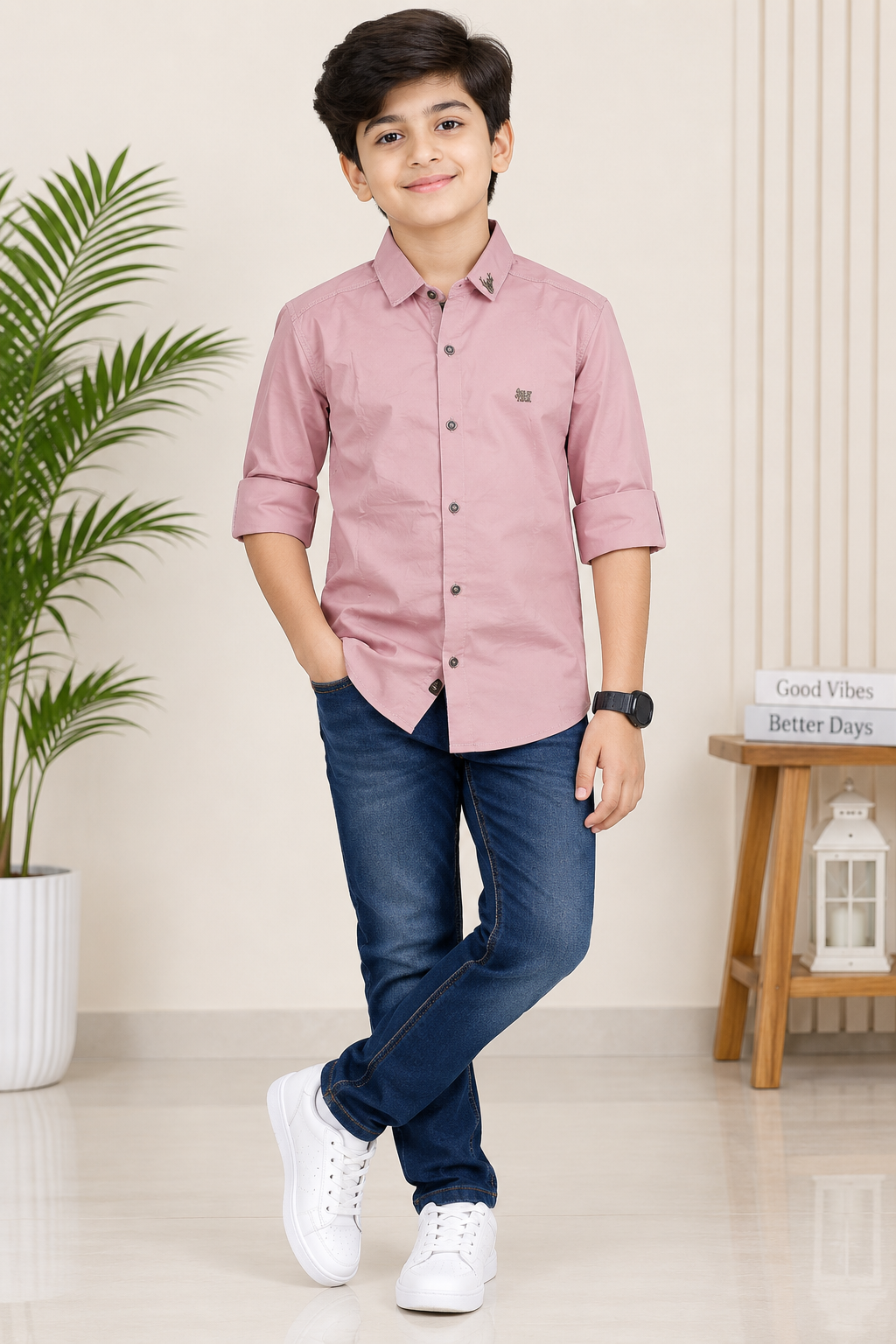 Boys Dusty Pink Solid Full Sleeve Shirt