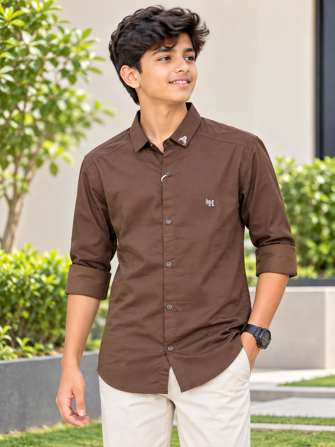 Boys Solid Brown Casual Shirt with Roll-Up Sleeves