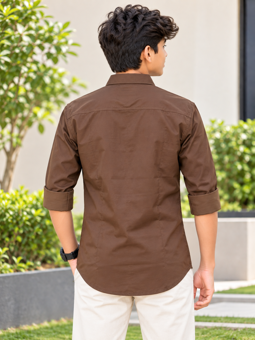 Boys Solid Brown Casual Shirt with Roll-Up Sleeves