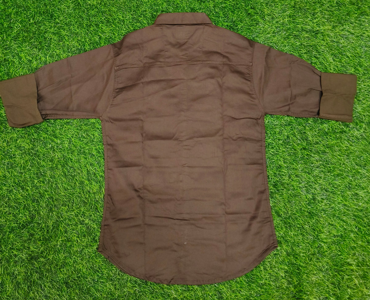 Boys Solid Brown Casual Shirt with Roll-Up Sleeves