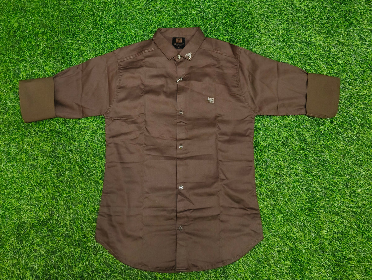 Boys Solid Brown Casual Shirt with Roll-Up Sleeves
