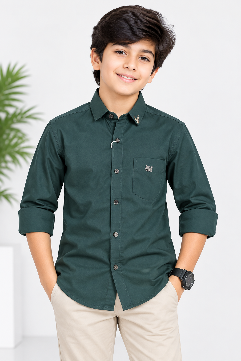 Boys Dark Teal Green Solid Full Sleeve Shirt