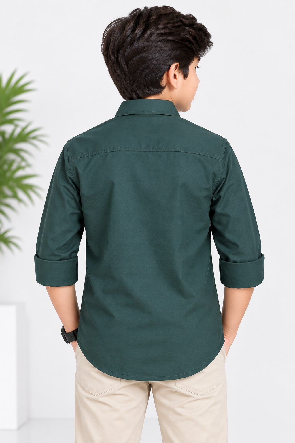 Boys Dark Teal Green Solid Full Sleeve Shirt
