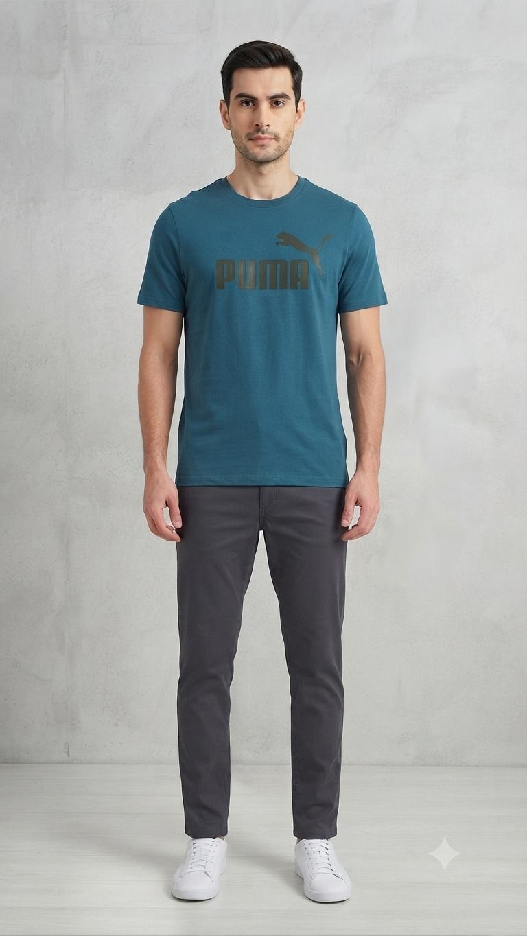 PUMA Men’s Dark Teal Blue Logo Printed Round Neck T-Shirt