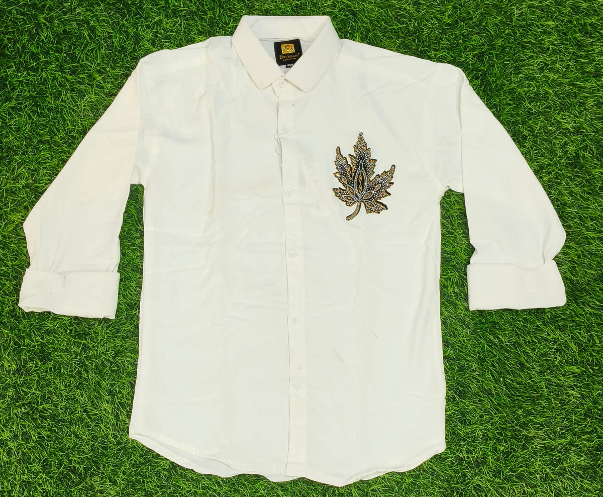 Boys White Leaf Design Full Sleeve Shirt