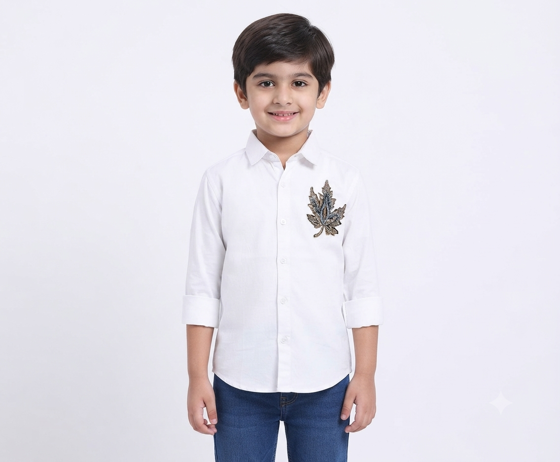 Boys White Leaf Design Full Sleeve Shirt