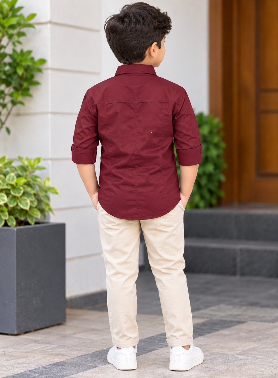 Boys Solid Maroon Casual Shirt with Small Detail