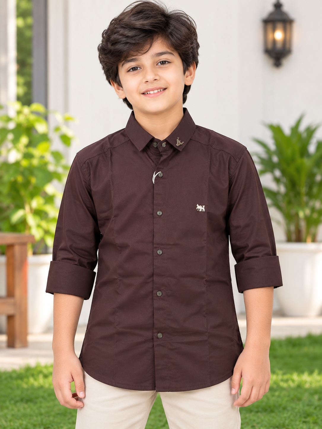 Boys Solid Dark Brown Casual Shirt with Embellishment