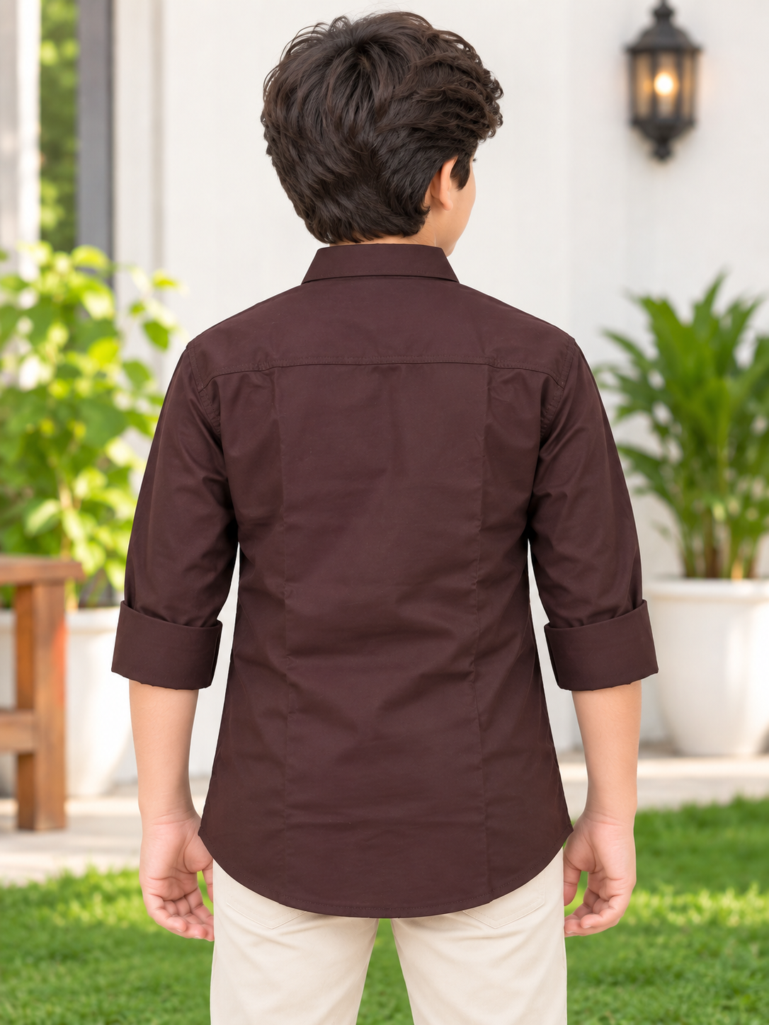 Boys Solid Dark Brown Casual Shirt with Embellishment