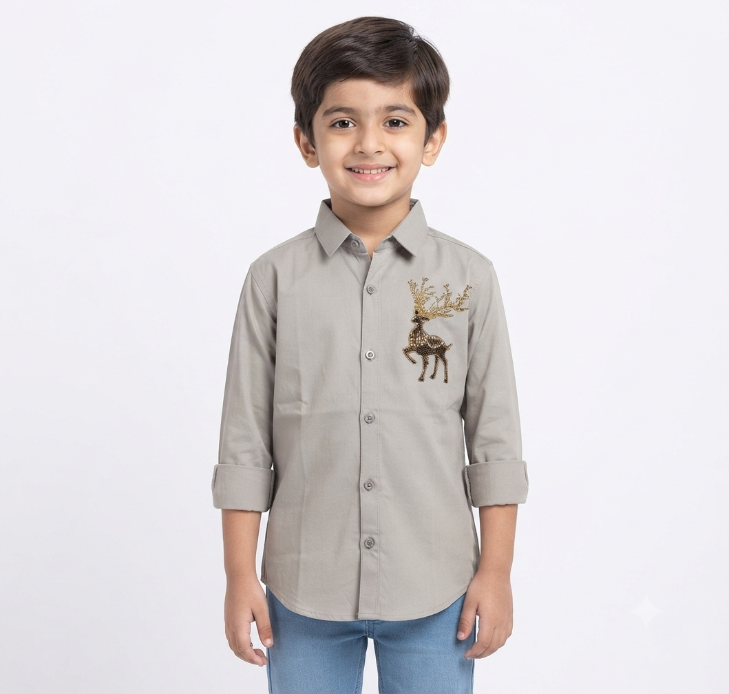 Boys Light Grey Deer Design Full Sleeve Shirt