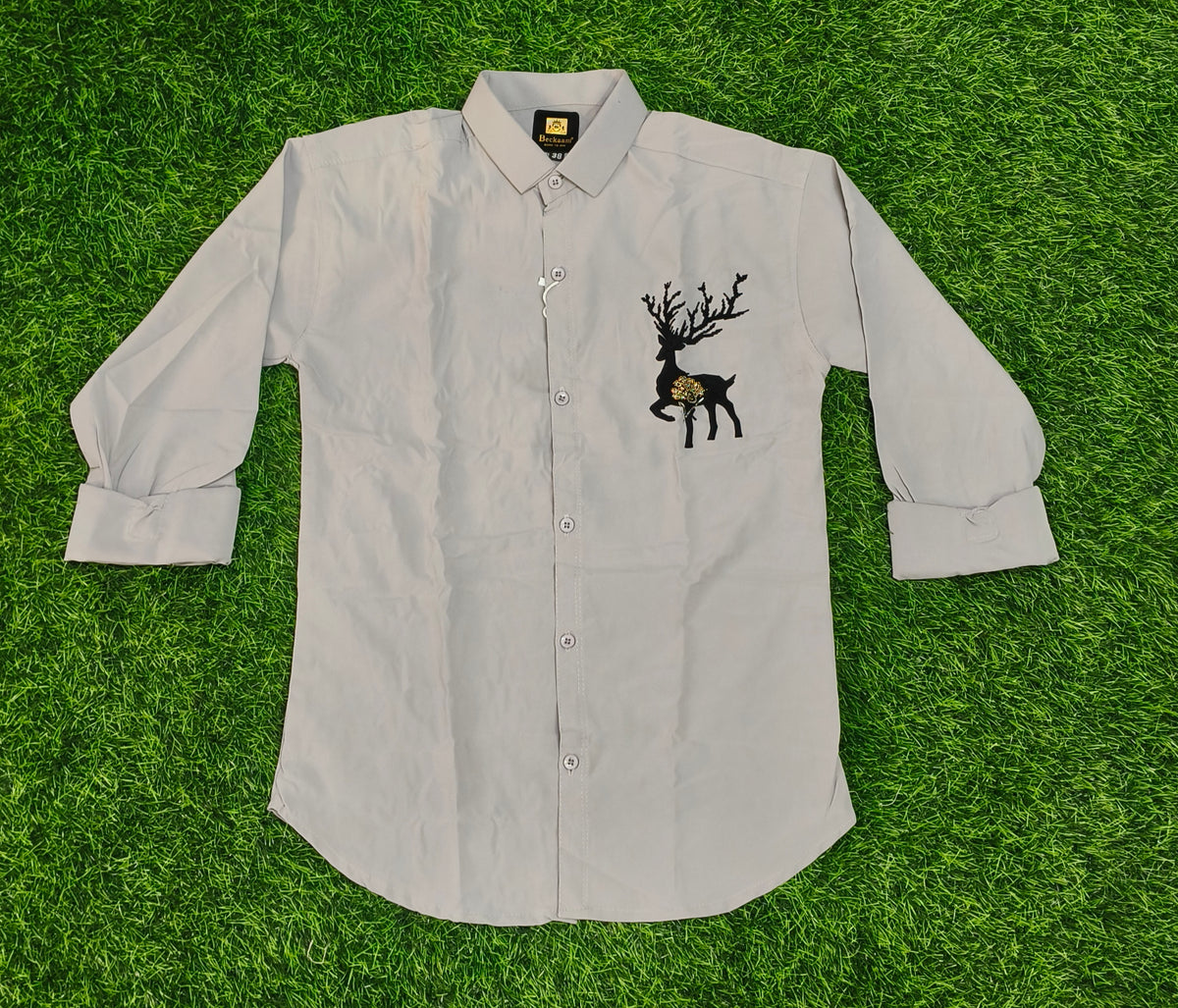 Boys Light Grey Deer Design Full Sleeve Shirt