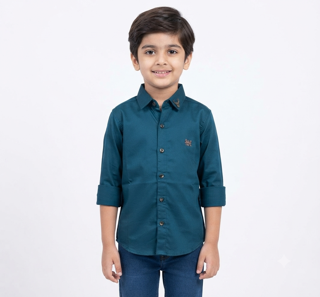 Boys Teal Blue Solid Full Sleeve Shirt