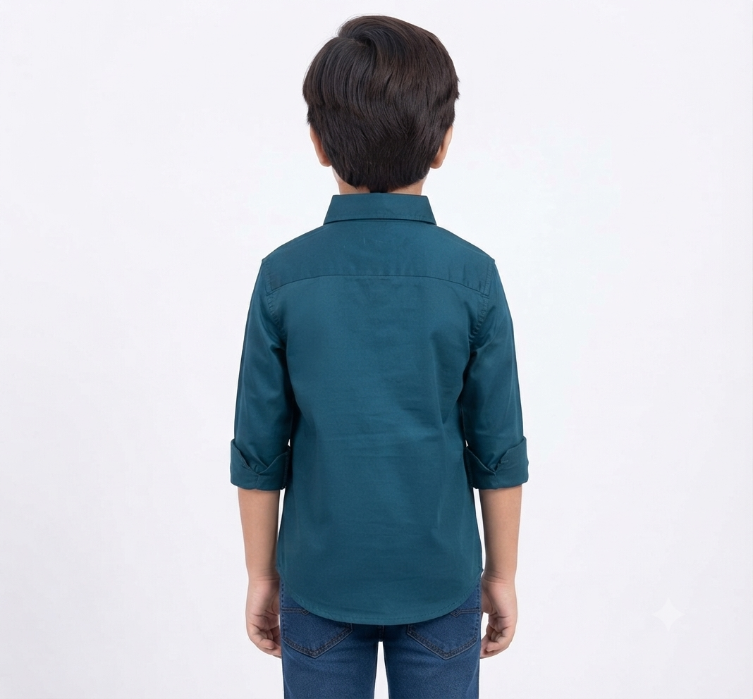 Boys Teal Blue Solid Full Sleeve Shirt