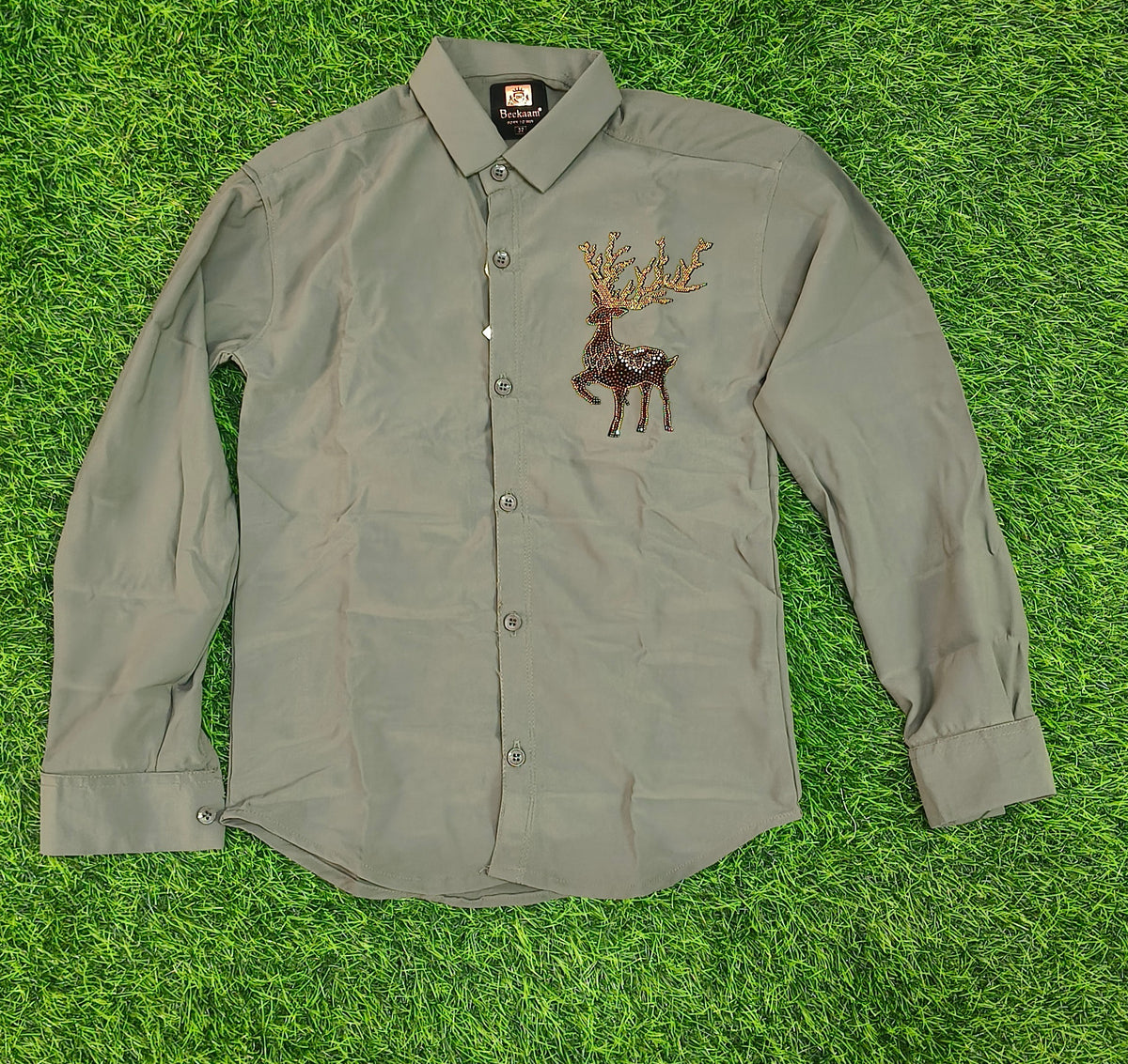 Boys Olive Green Deer Design Full Sleeve Shirt