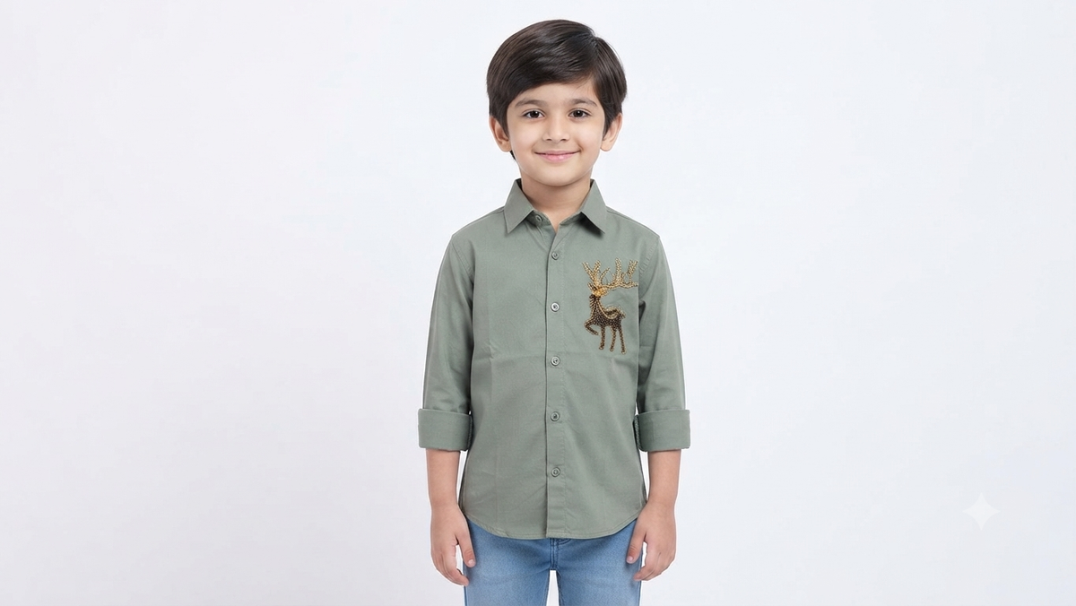 Boys Olive Green Deer Design Full Sleeve Shirt