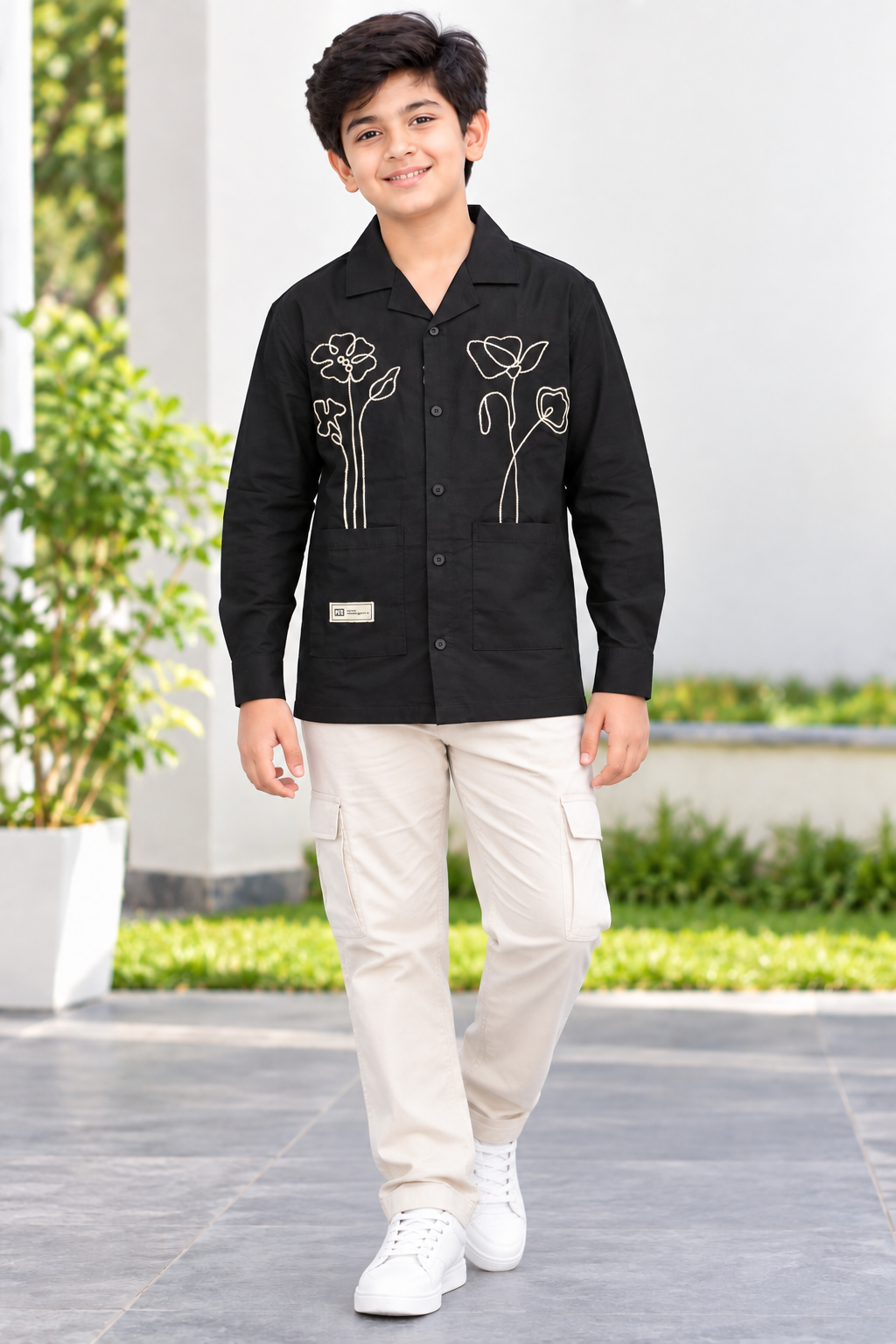 Boys Black Floral Embroidered Casual Shirt