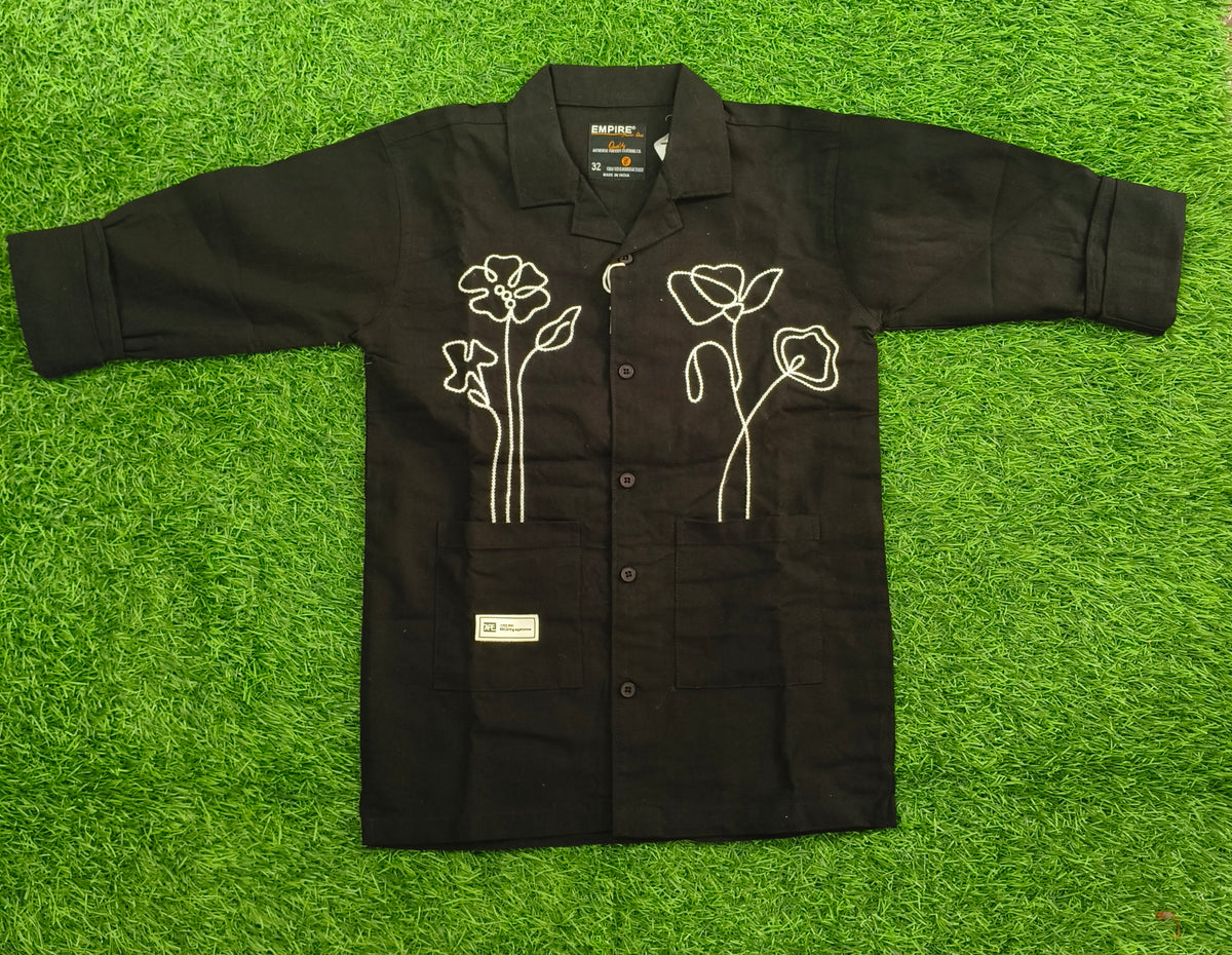 Boys Black Floral Embroidered Casual Shirt