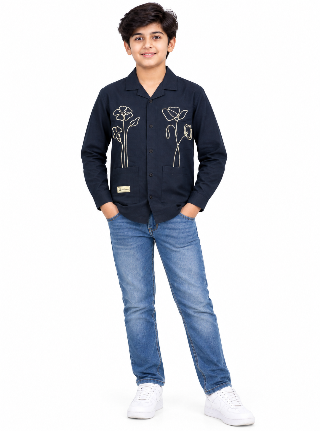 Boys Navy Blue Floral Embroidered Casual Shirt