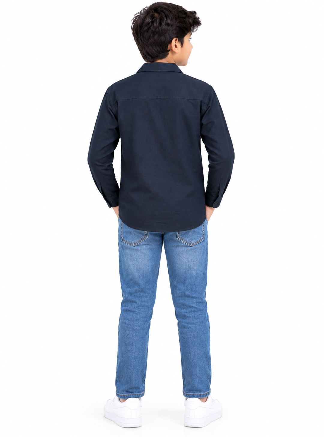 Boys Navy Blue Floral Embroidered Casual Shirt