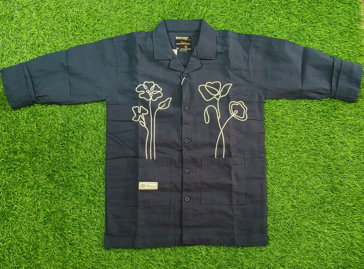 Boys Navy Blue Floral Embroidered Casual Shirt