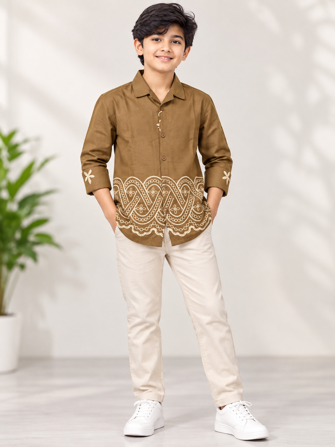 Boys Brown Embroidered Casual Shirt