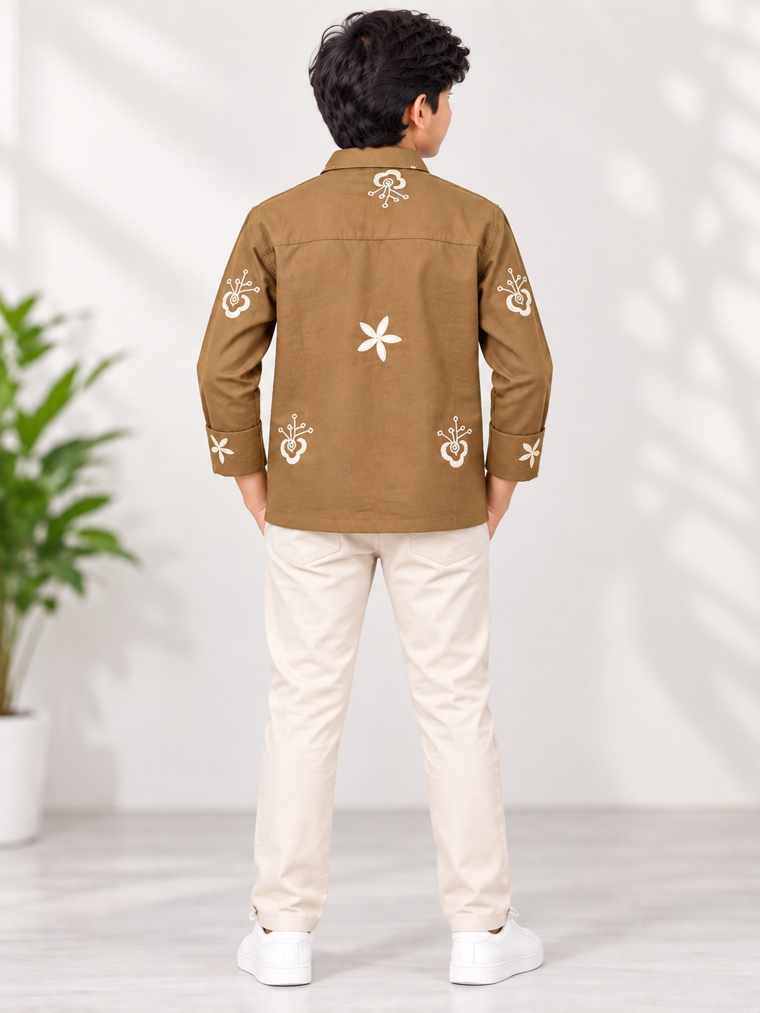 Boys Brown Embroidered Casual Shirt