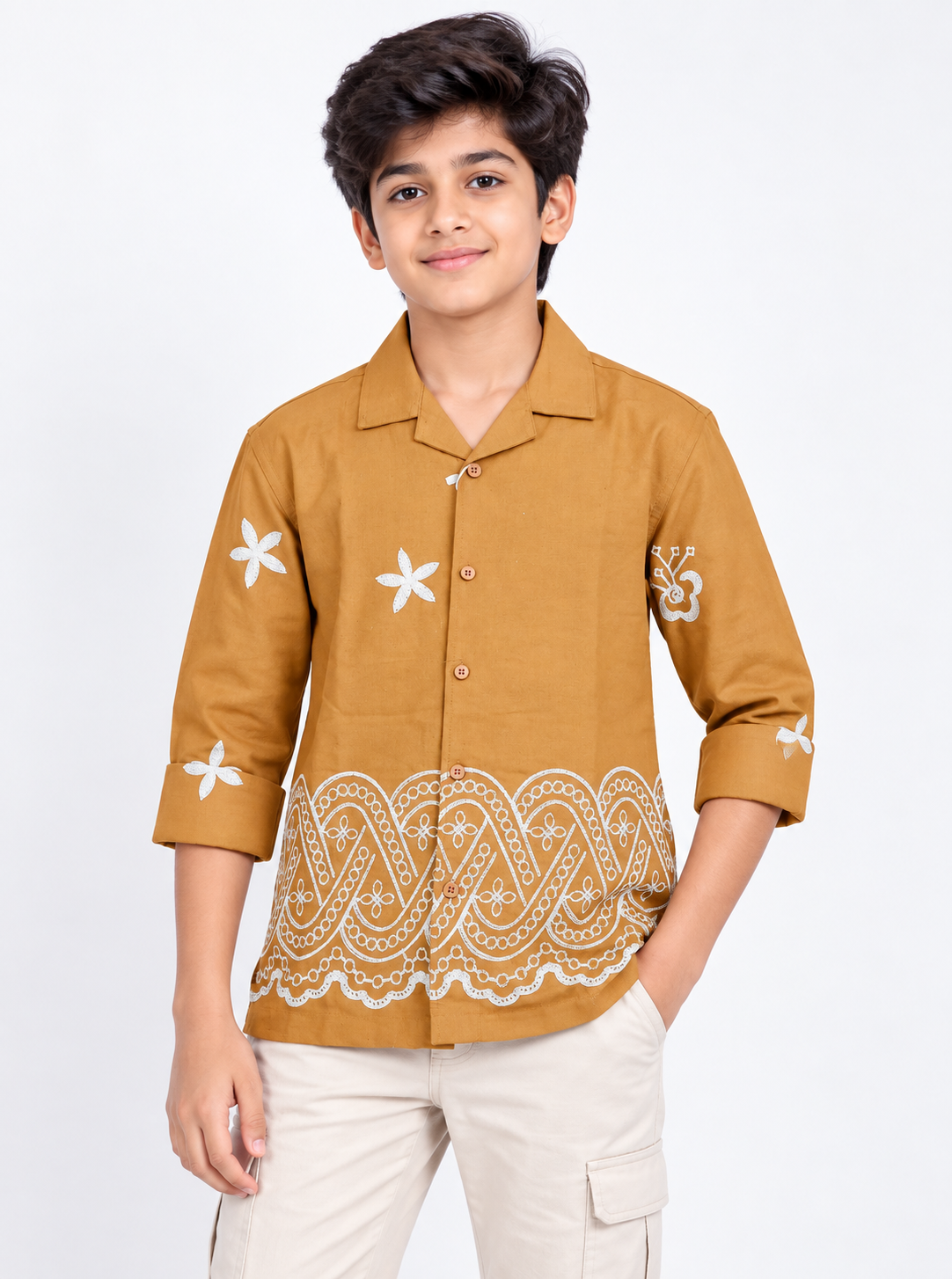 Boys Mustard Brown Embroidered Casual Shirt