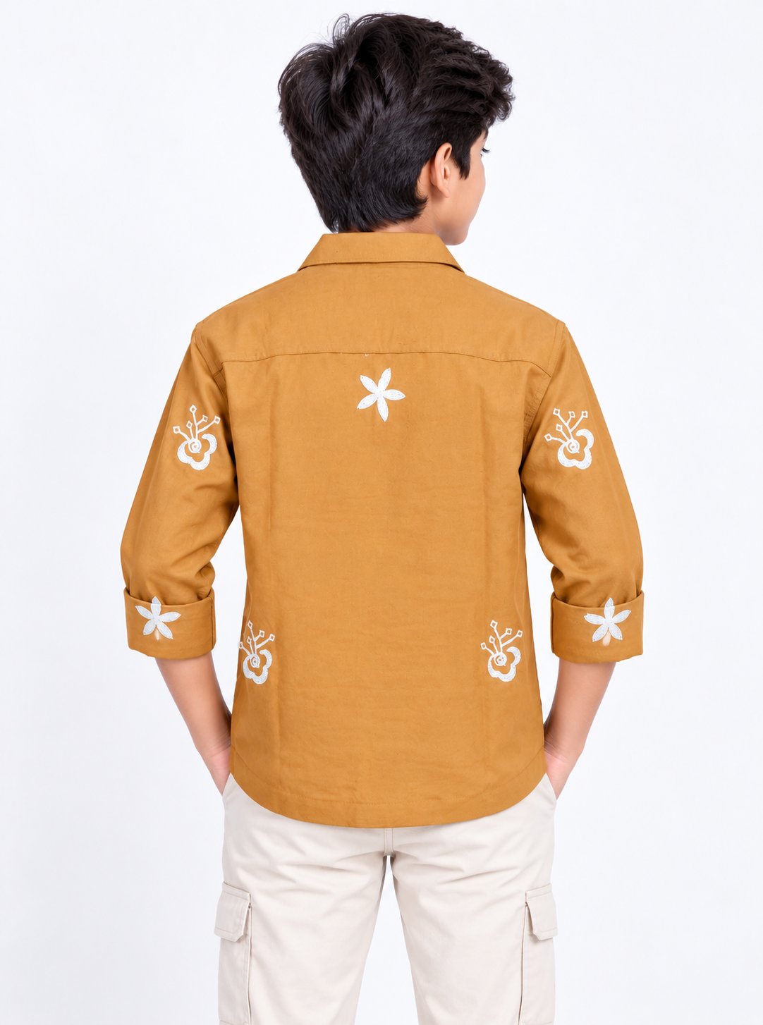 Boys Mustard Brown Embroidered Casual Shirt