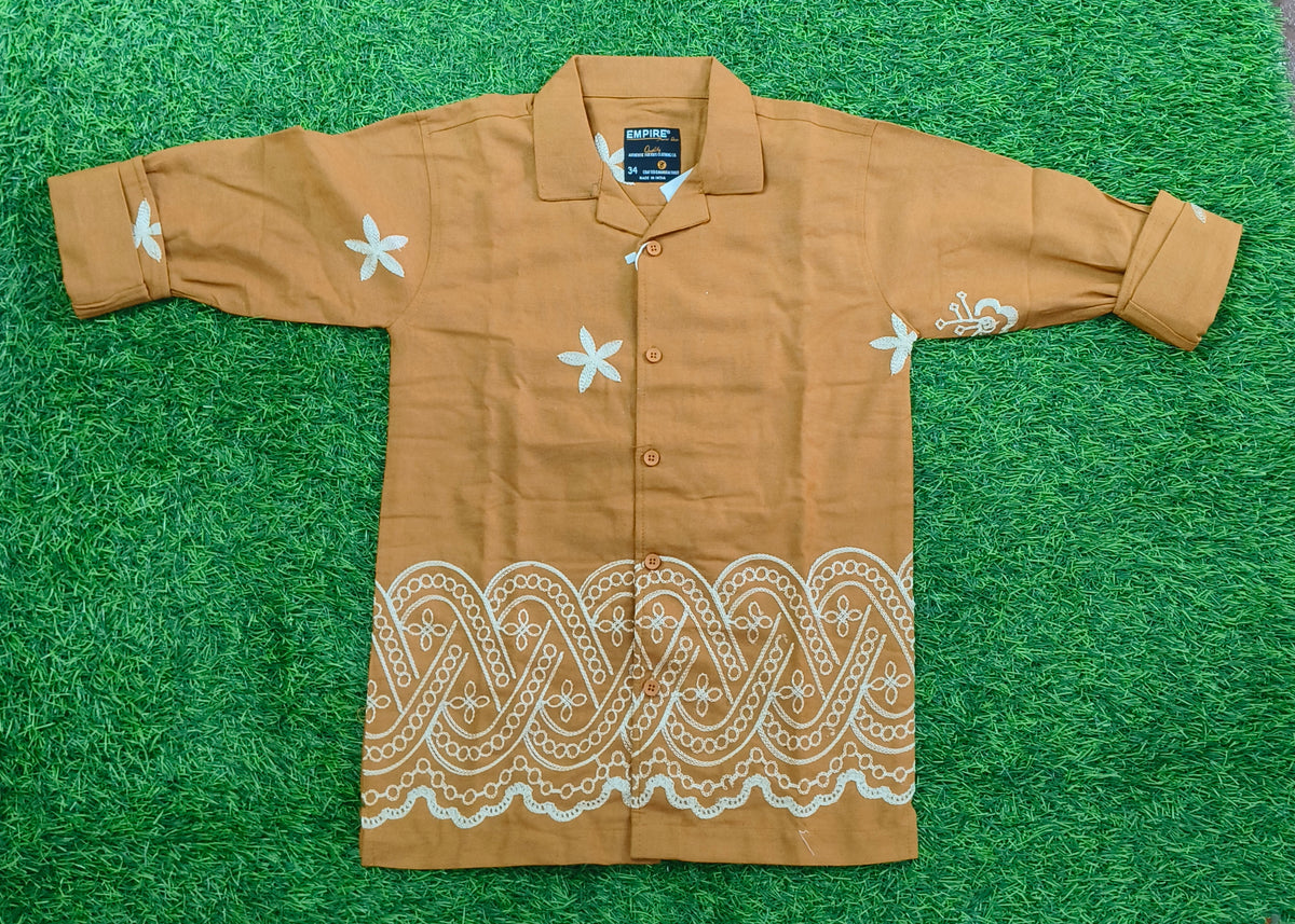 Boys Mustard Brown Embroidered Casual Shirt
