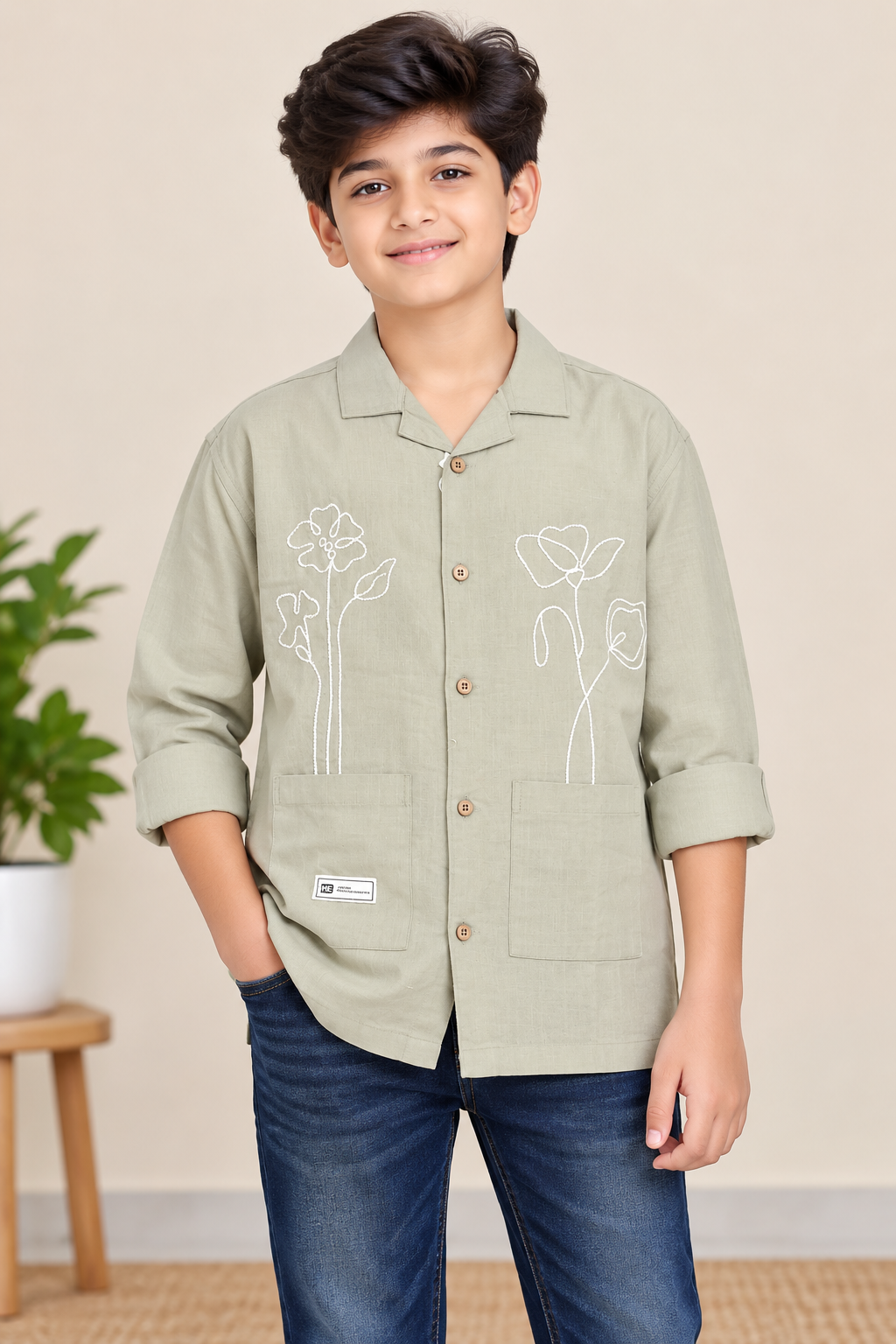 Boys Light Beige Floral Embroidered Casual Shirt
