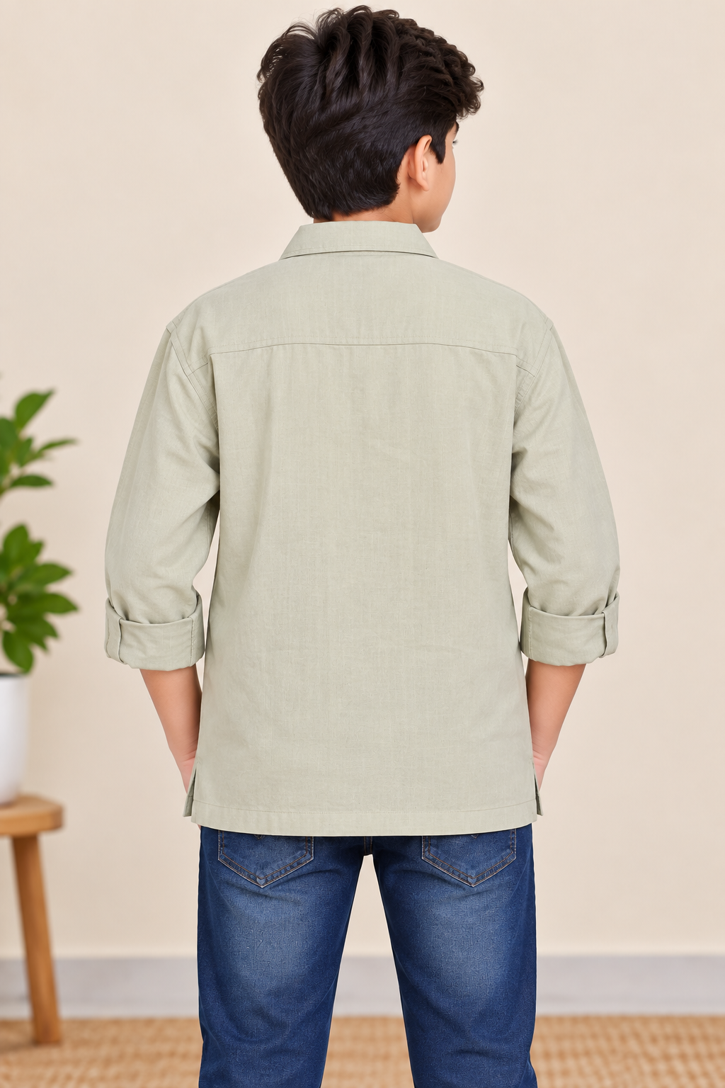 Boys Light Beige Floral Embroidered Casual Shirt