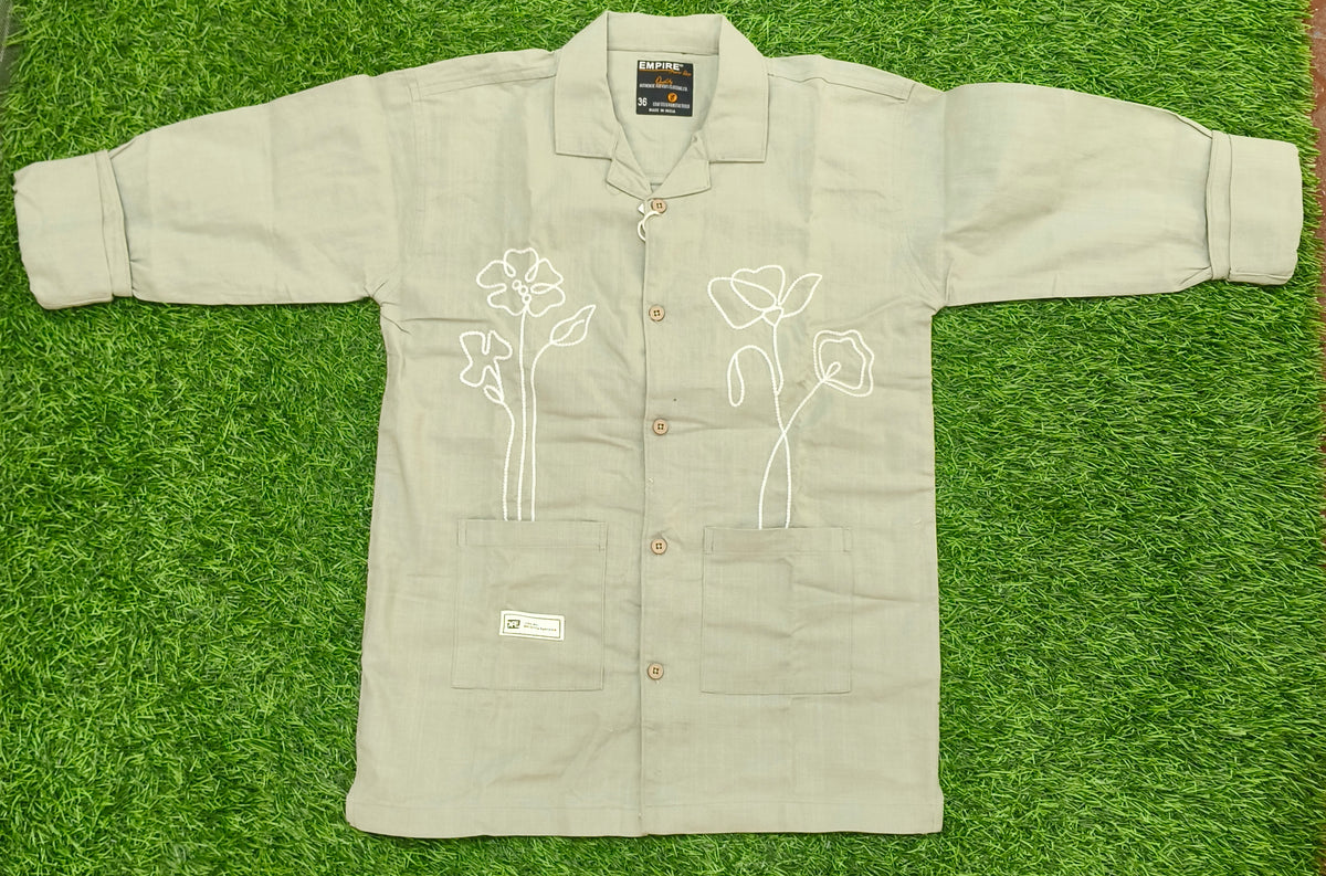 Boys Light Beige Floral Embroidered Casual Shirt