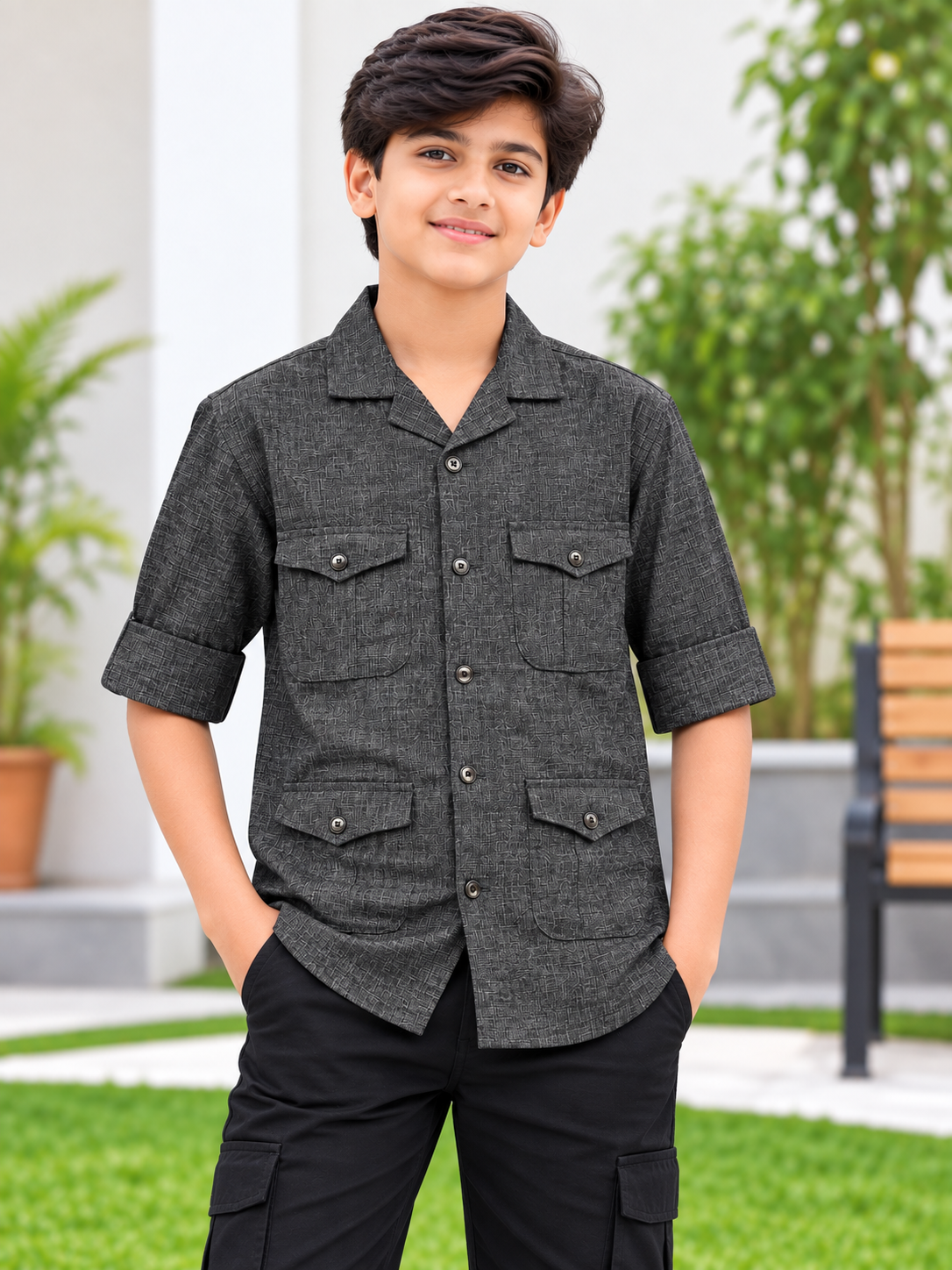 Boys Dark Grey Textured Casual Shirt
