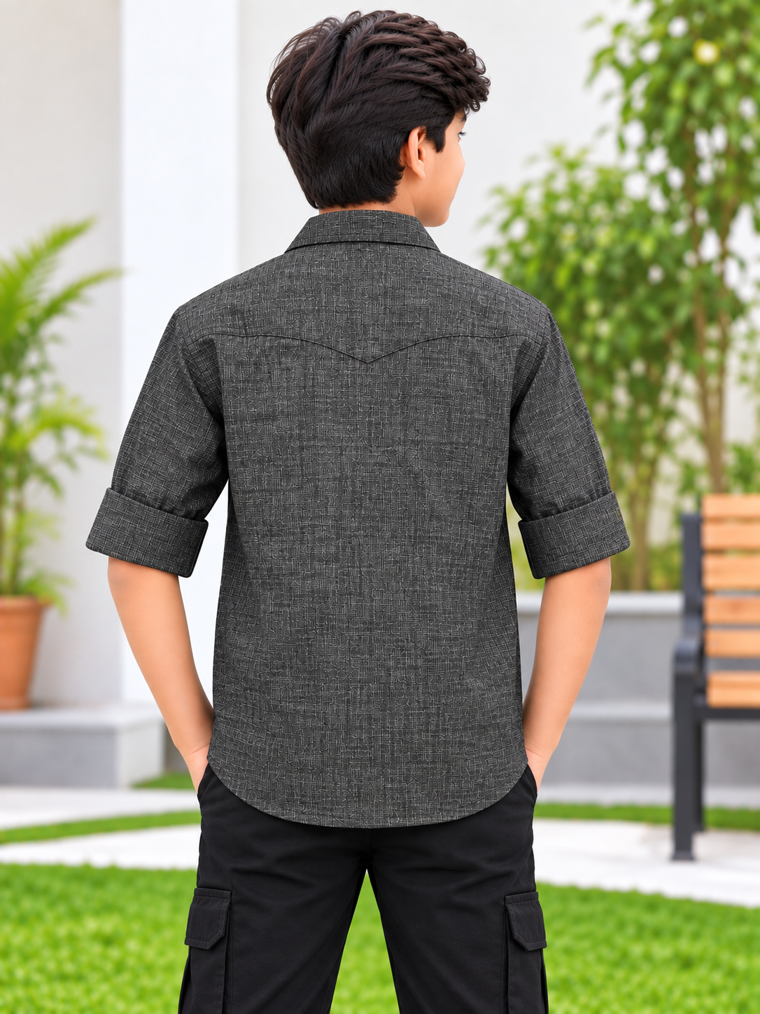 Boys Dark Grey Textured Casual Shirt