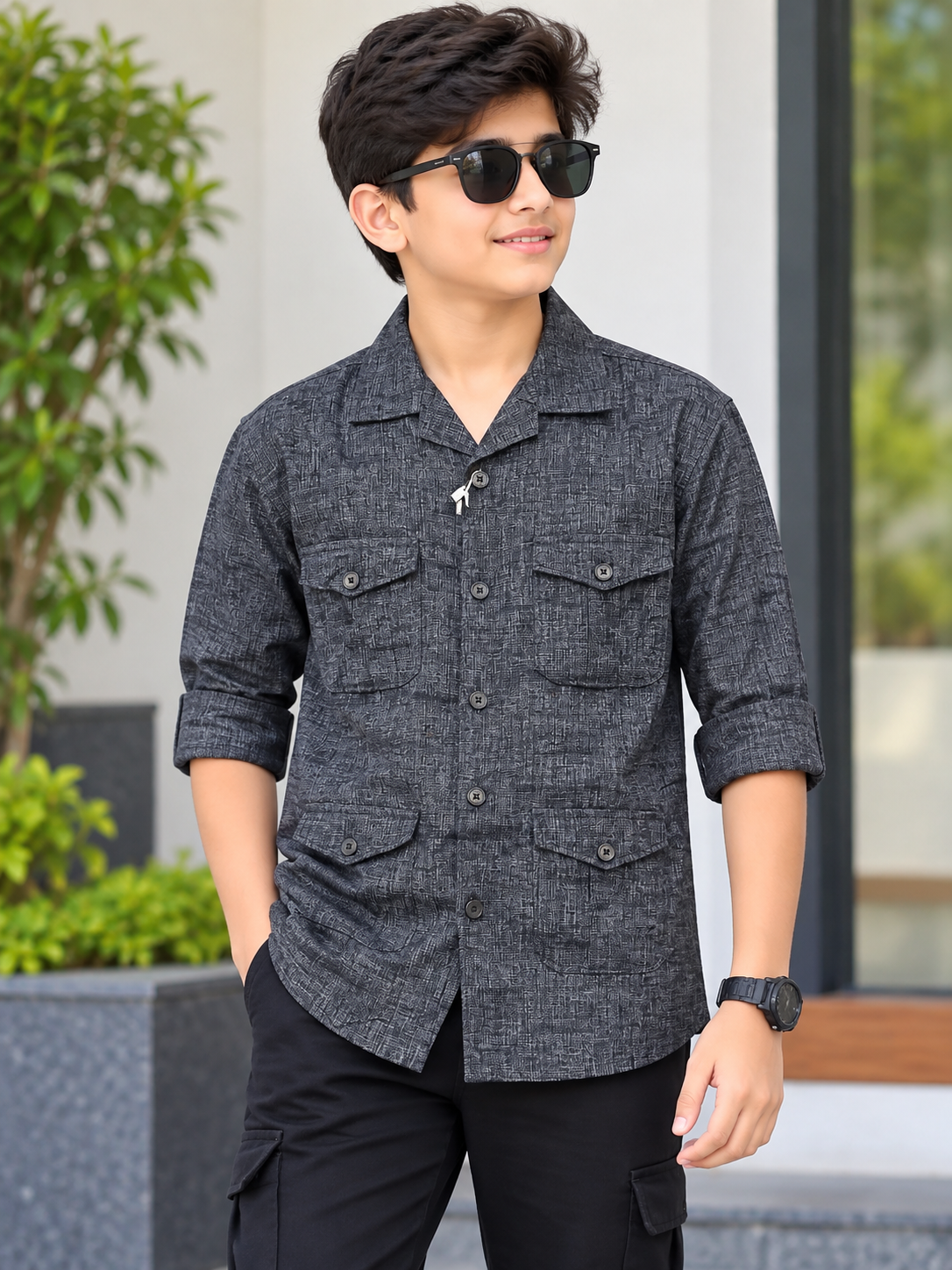 Boys Dark Grey color Textured Casual Shirt