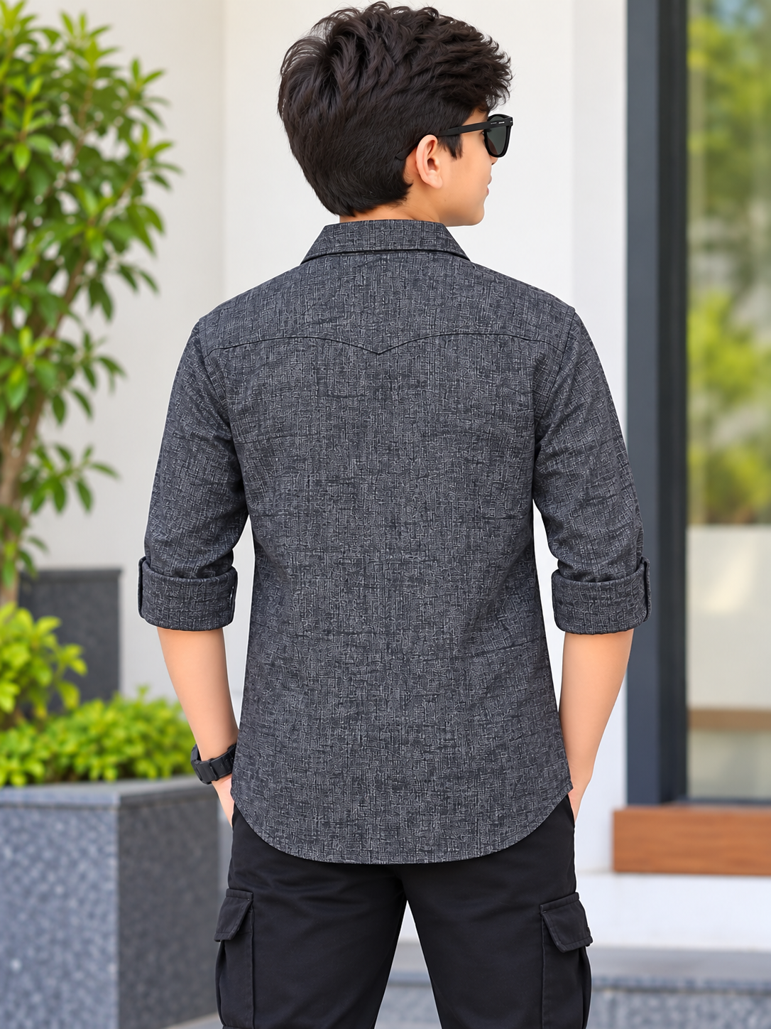 Boys Dark Grey color Textured Casual Shirt