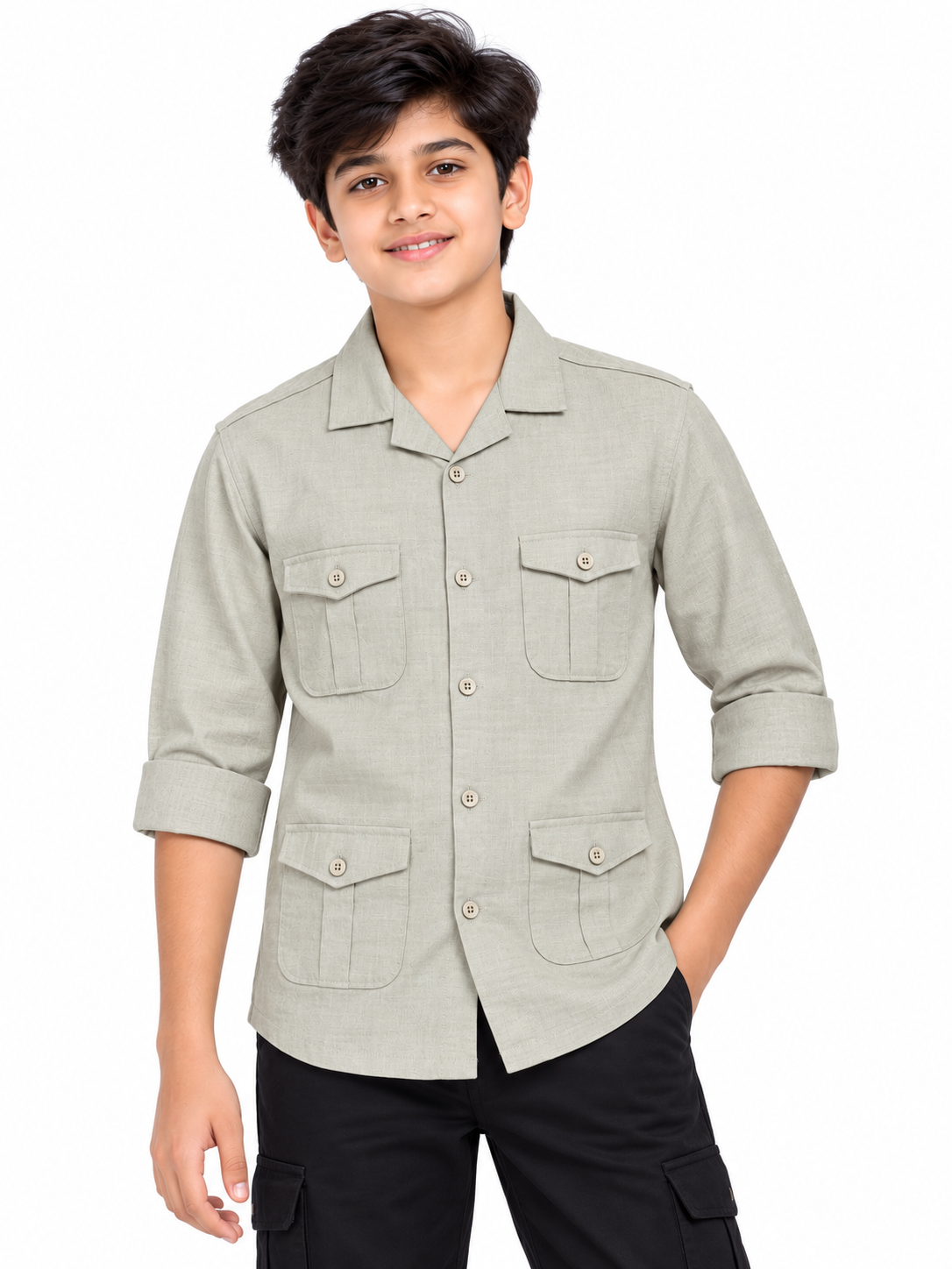 Boys Light Grey 4-Pocket Full Sleeve Casual Shirt