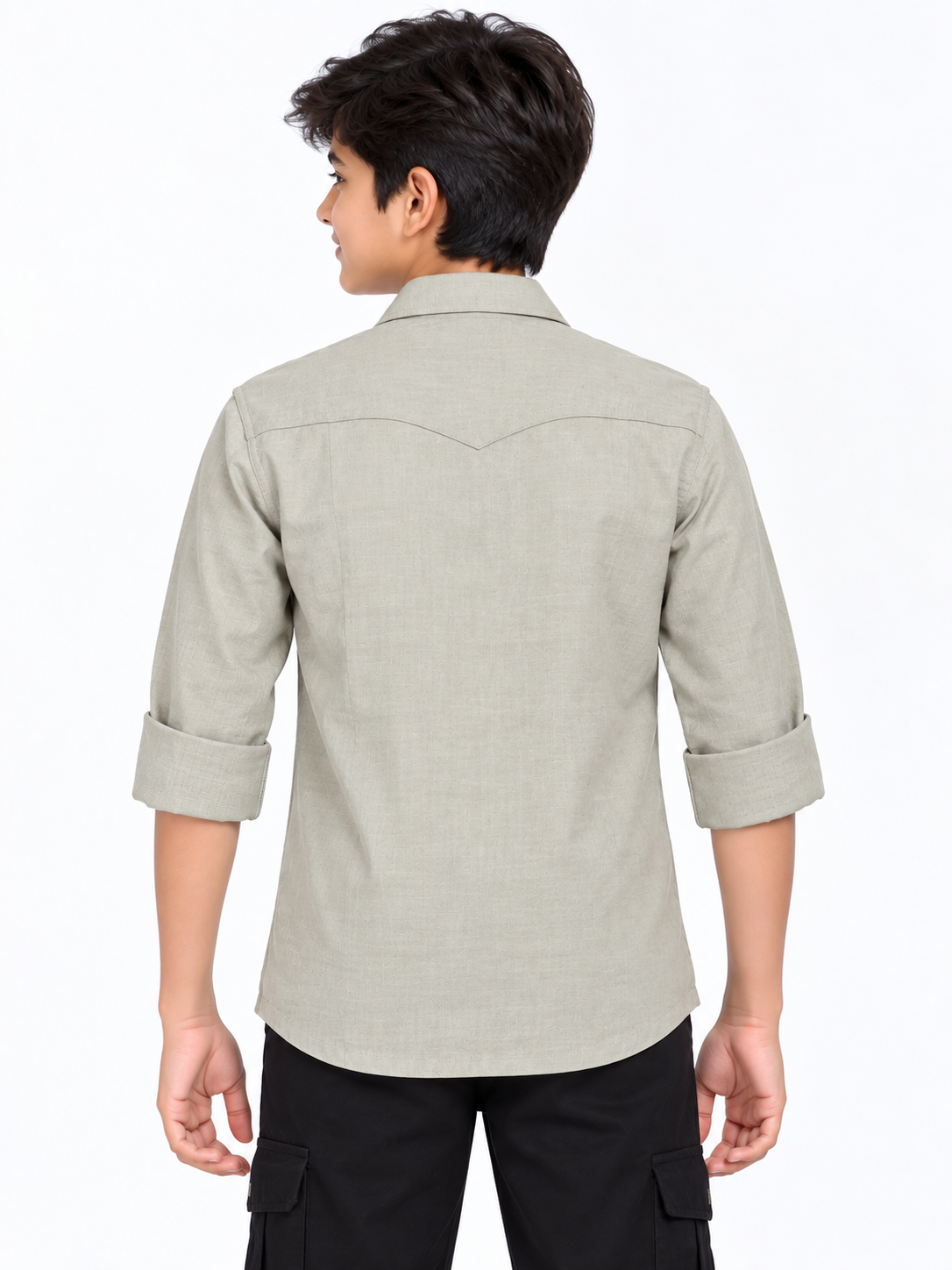 Boys Light Grey 4-Pocket Full Sleeve Casual Shirt