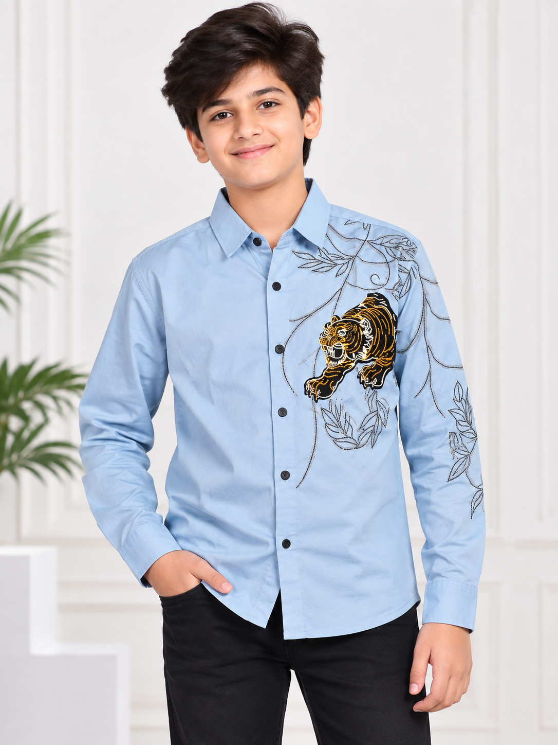 Boys Light Blue Tiger Embroidered Casual Shirt