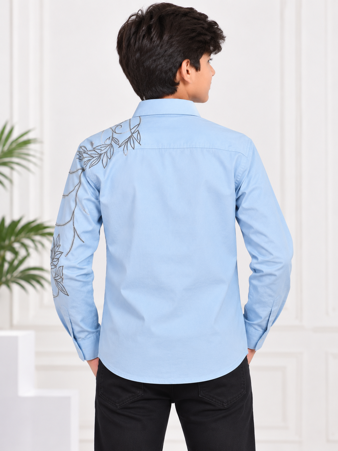 Boys Light Blue Tiger Embroidered Casual Shirt