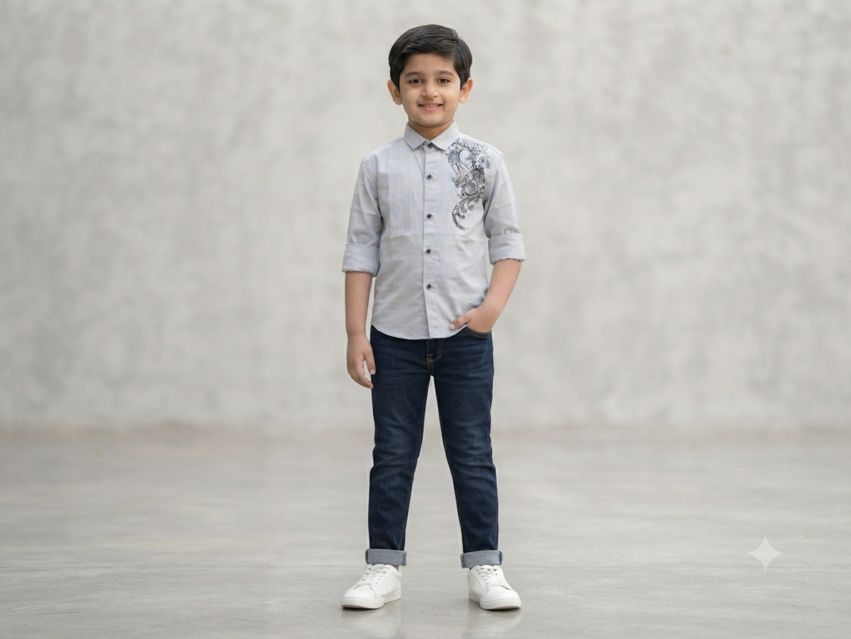 Boys Light Grey Embellished Casual Shirt