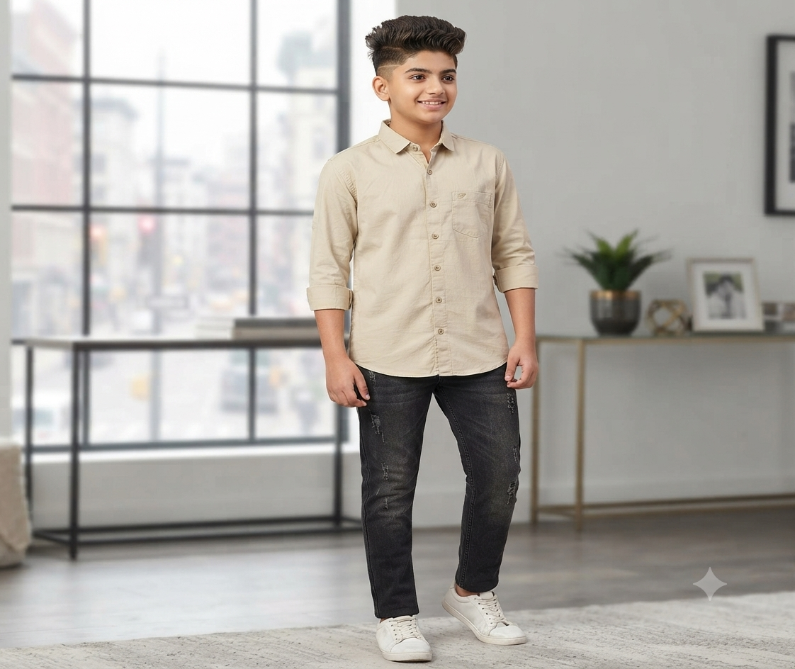 Boys Light Beige Solid Casual Shirt