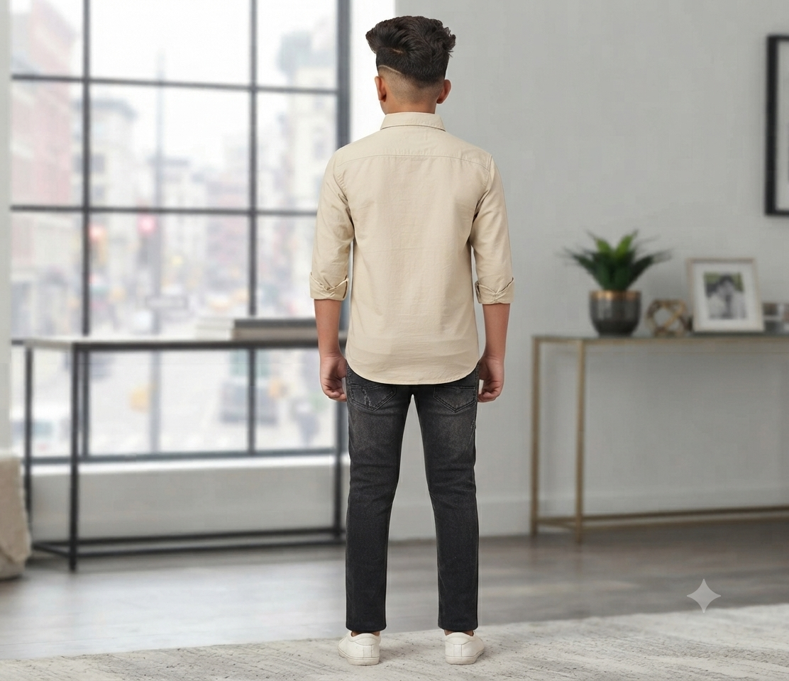 Boys Light Beige Solid Casual Shirt
