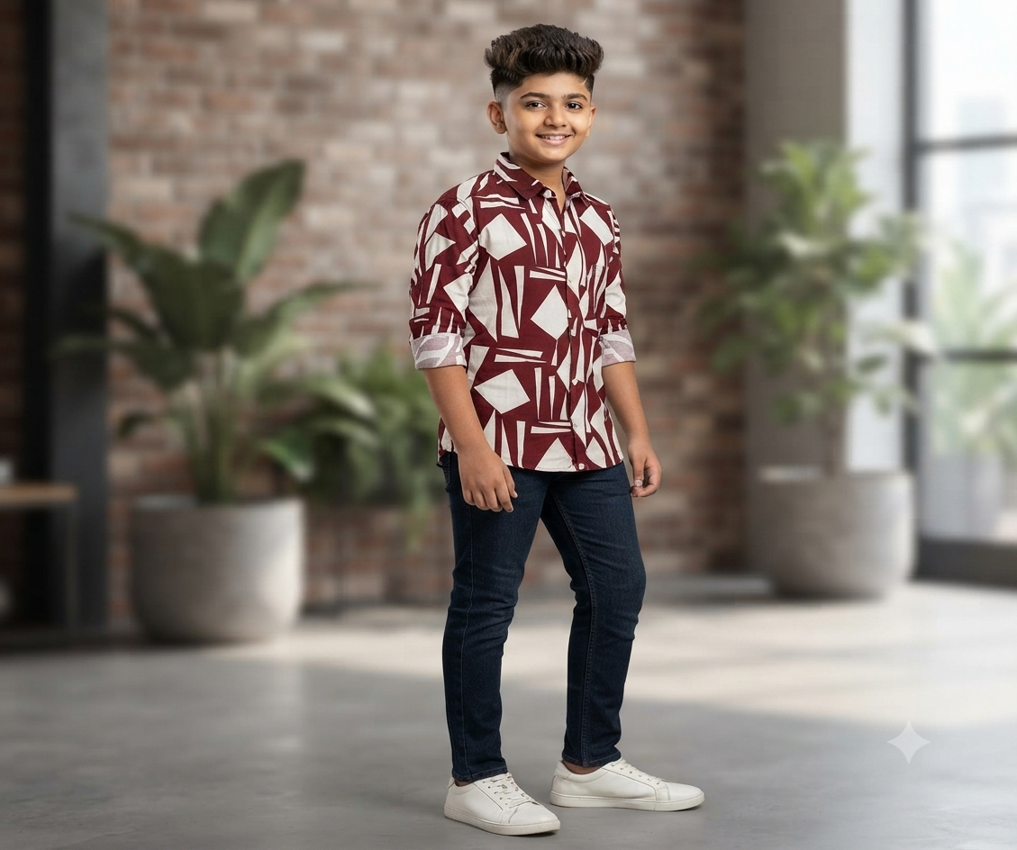 Boys Maroon Geometric Print Casual Shirt