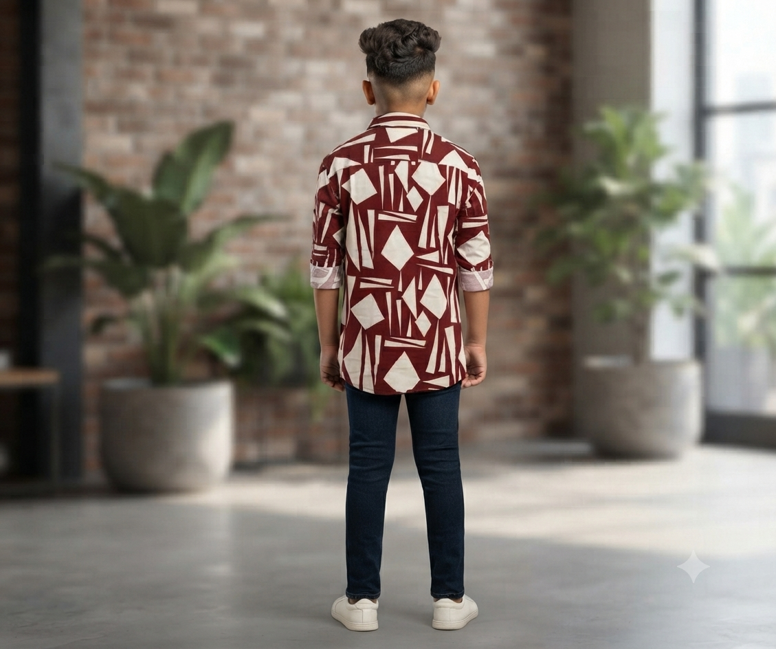 Boys Maroon Geometric Print Casual Shirt