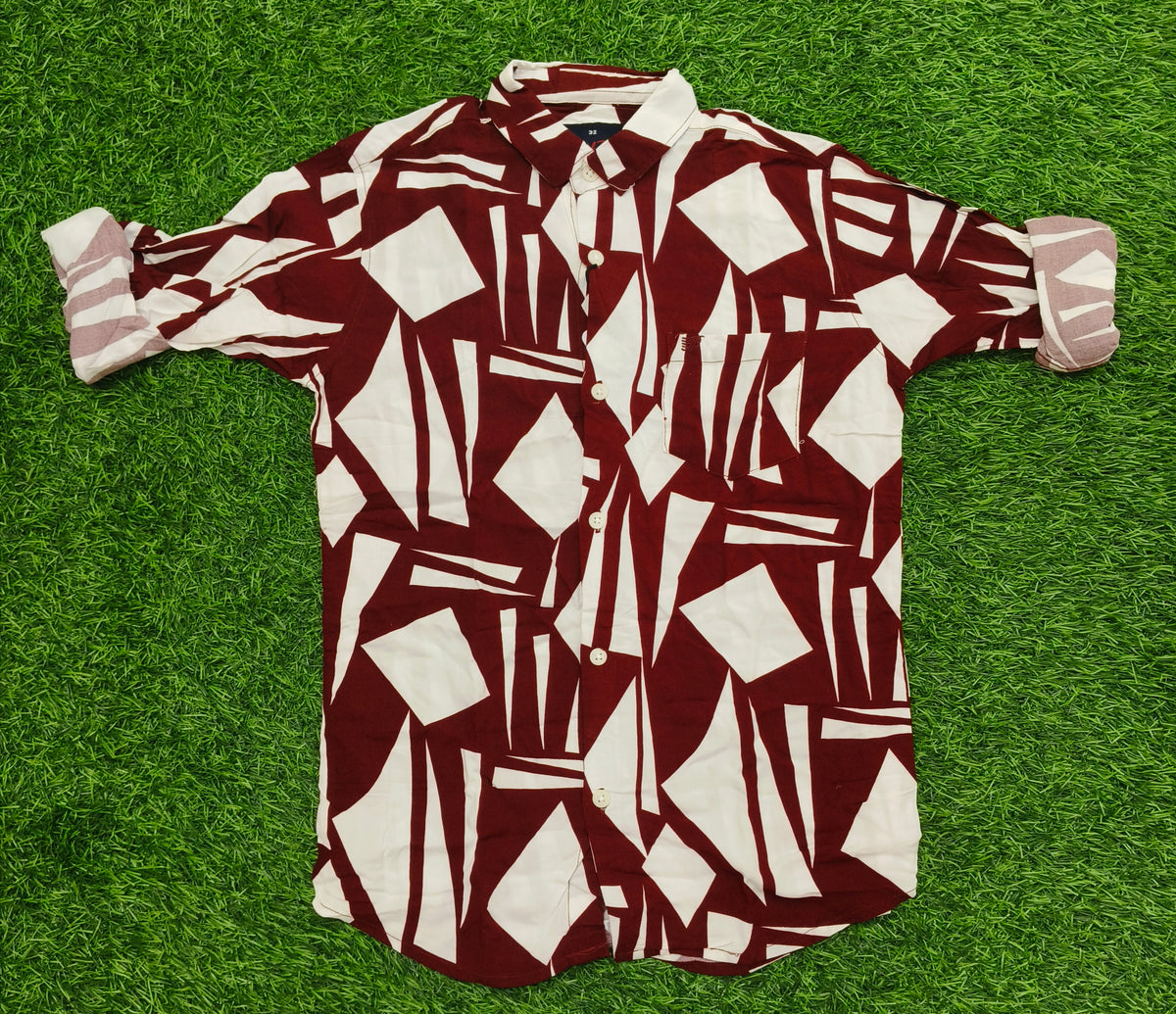 Boys Maroon Geometric Print Casual Shirt